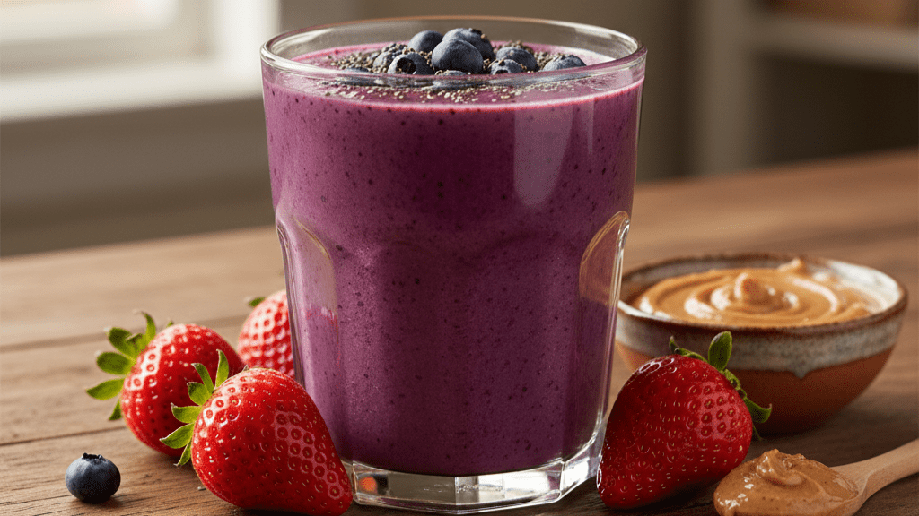 Berry antioxidant smoothie with blueberries, strawberries, almond butter, and almond milk for natural energy boost