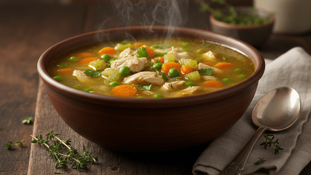 Warm homemade chicken soup as a traditional remedy for cold and flu symptoms