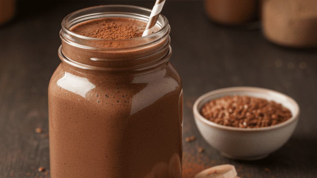 Chocolate protein smoothie with banana, cocoa powder, and flaxseeds for post-workout energy