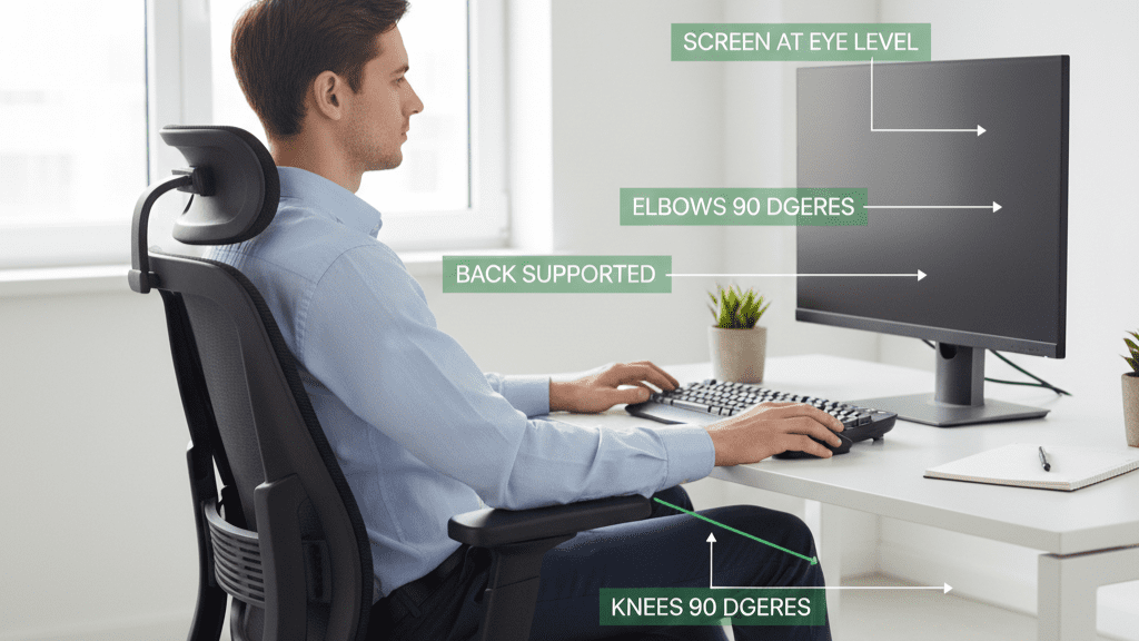 Proper posture reducing tension headaches at a workstation