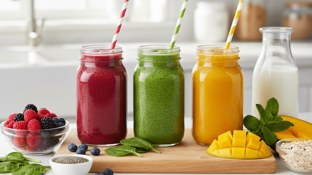 Colorful healthy smoothie recipes for energy made with berries, banana, spinach, chia seeds, and almond milk