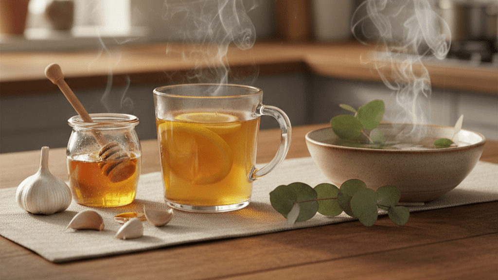 Natural home remedies for cold and flu including ginger tea, honey, lemon, garlic, and steam inhalation setup