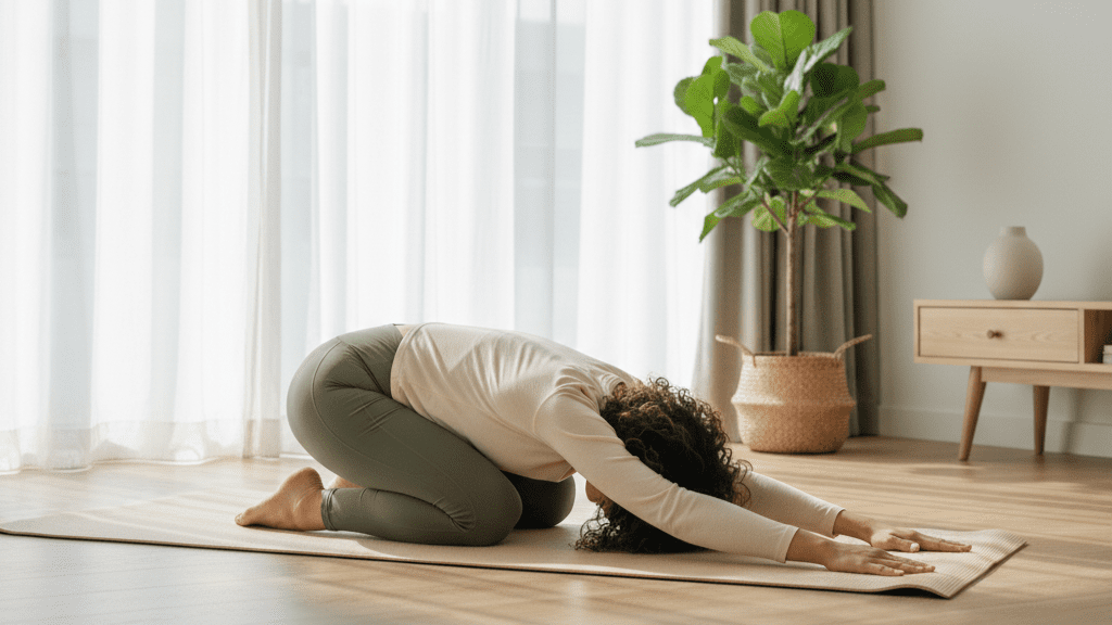 Person doing home workouts for lower back pain in bright living room