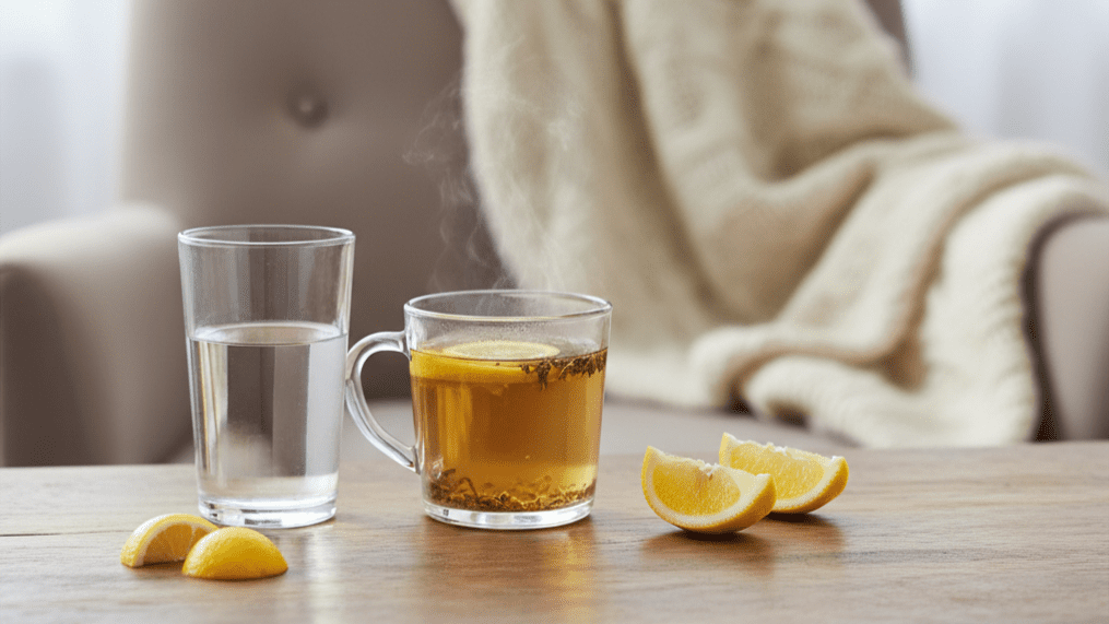 Herbal tea and water glass for hydration during cold and flu recovery