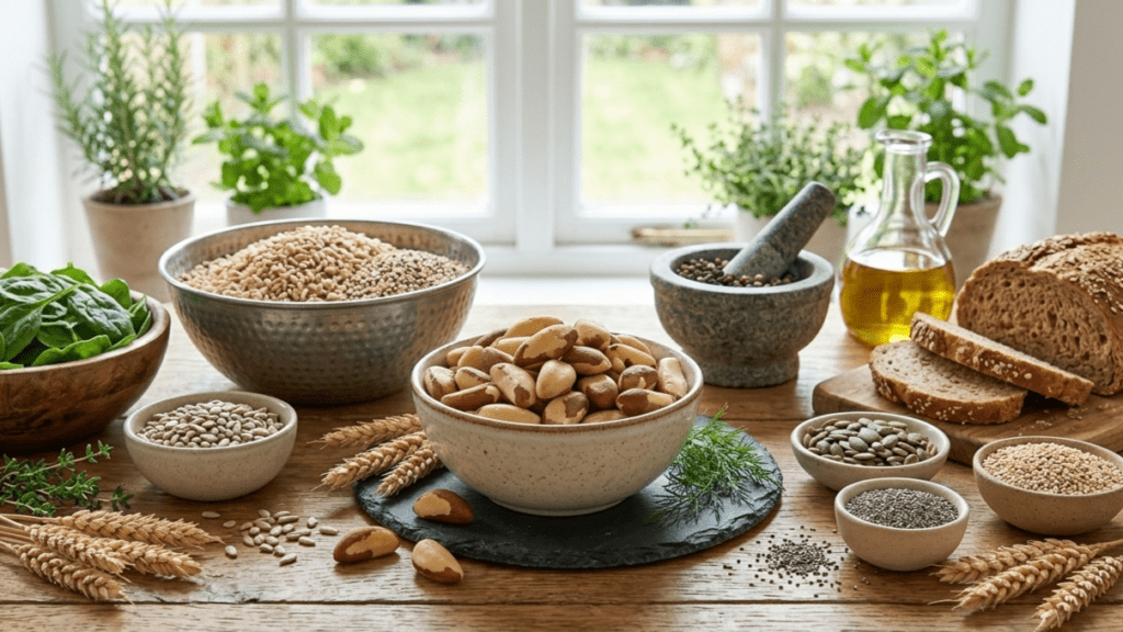 Foods high in magnesium and selenium including Brazil nuts, spinach, and whole grains