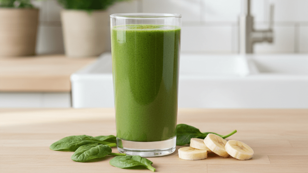 Matcha green tea smoothie with banana and spinach for sustained natural energy