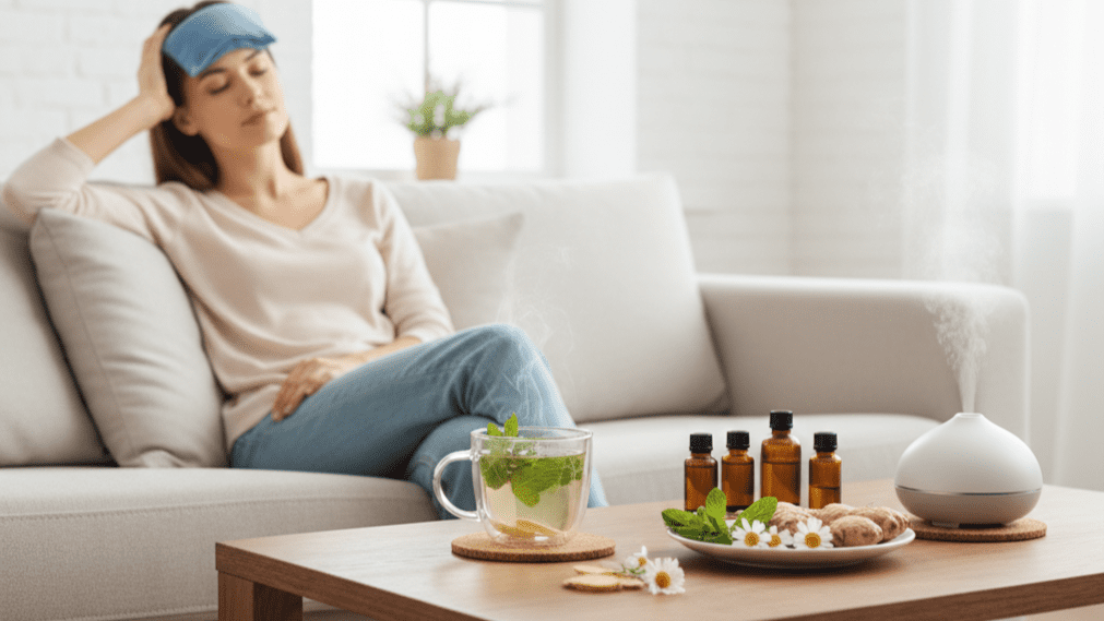 Natural remedies for headache including herbal tea, essential oils, and cold compress therapy