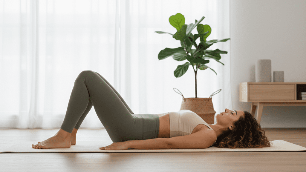 Woman performing pelvic tilt exercise on yoga mat for lower back pain relief at home