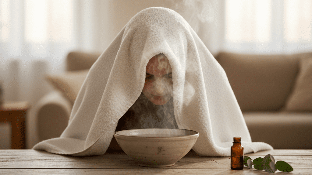 Steam inhalation at home using a bowl of hot water and towel to relieve nasal congestion
