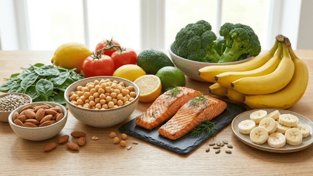 Natural food sources of vitamin B6 and vitamin E including nuts, seeds, fish, and chickpeas