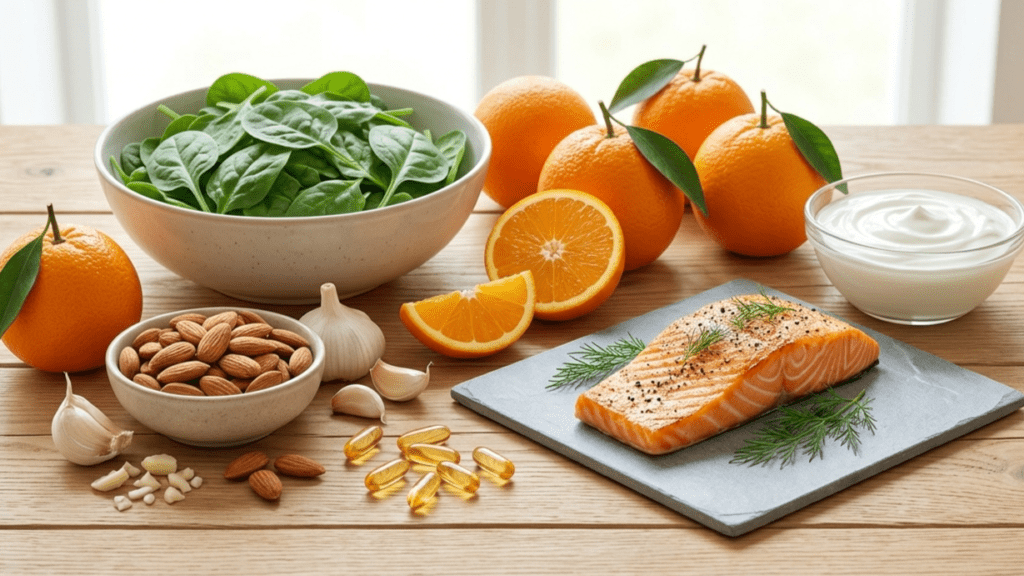 Vitamins for immune support including vitamin C, D, zinc, and natural food sources arranged on a wooden table