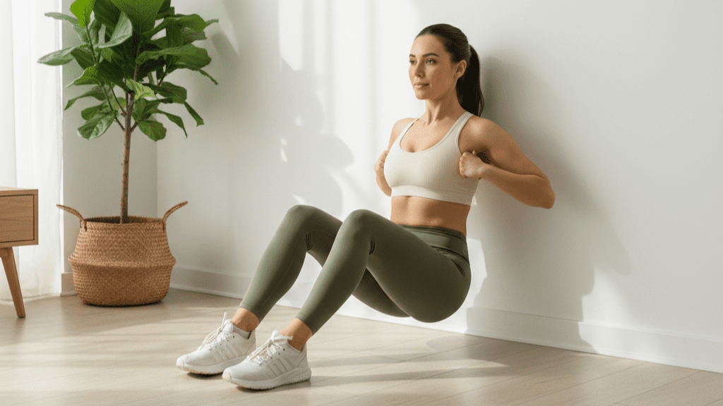 Woman performing wall sit exercise at home for lower back strengthening