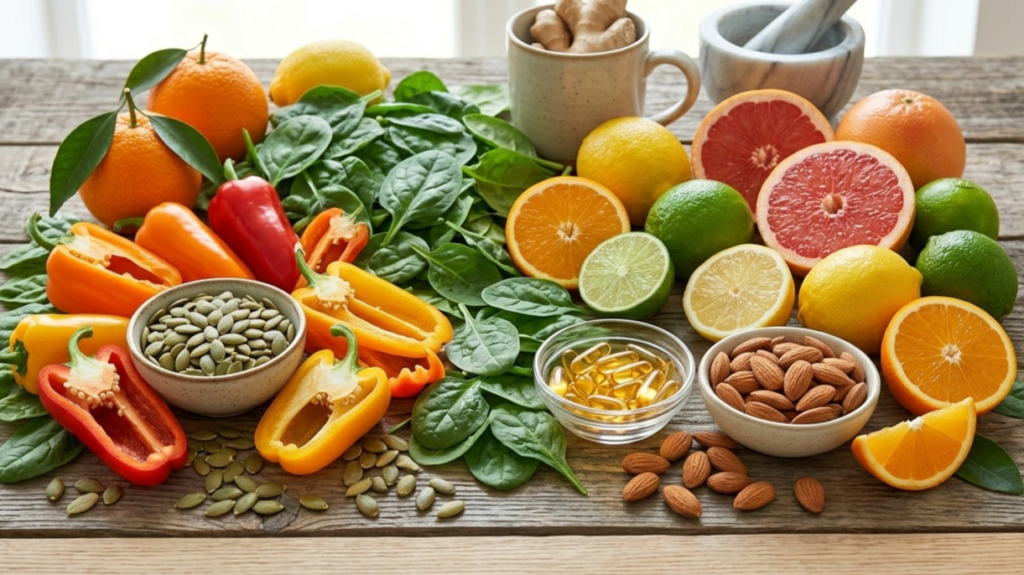 Foods rich in zinc and vitamin C such as citrus fruits, nuts, seeds, and leafy greens for immune health