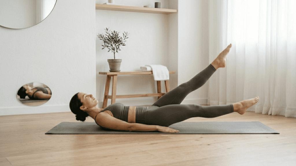 person doing flutter kicks indoors highlighting quick core workouts at home