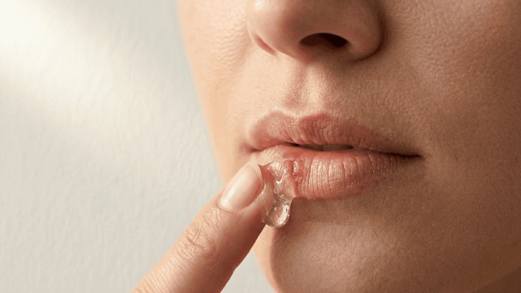 Aloe vera gel applied to lips as a natural remedy for cold sore healing