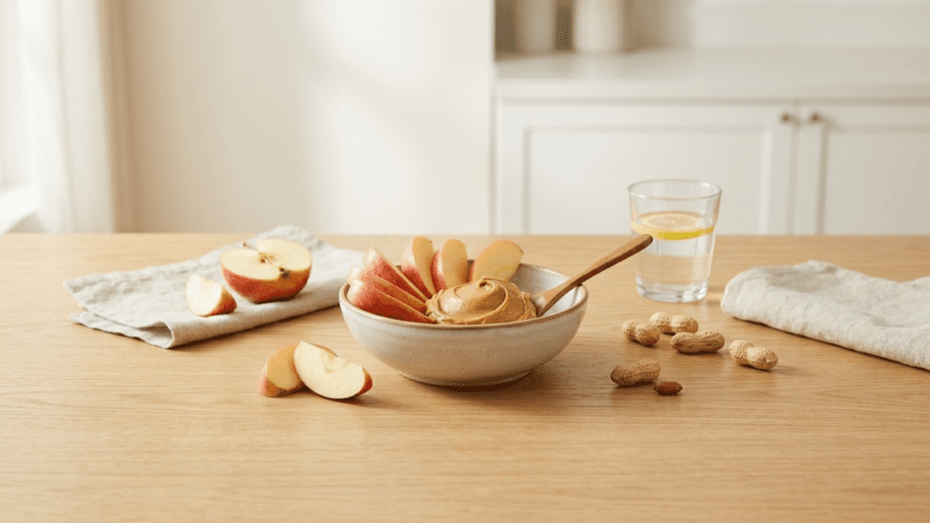 Apple slices with peanut butter representing healthy energy snack
