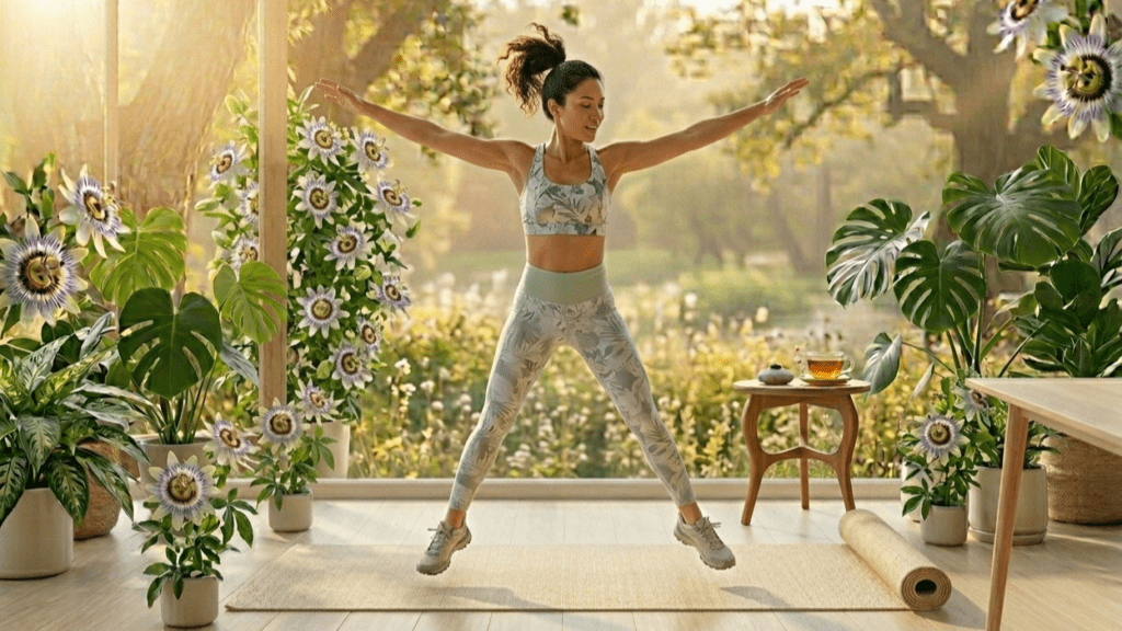 beginner doing jumping jacks in home workout routine