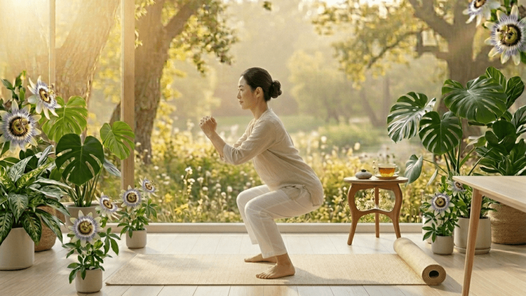 beginner performing bodyweight squats at home workout