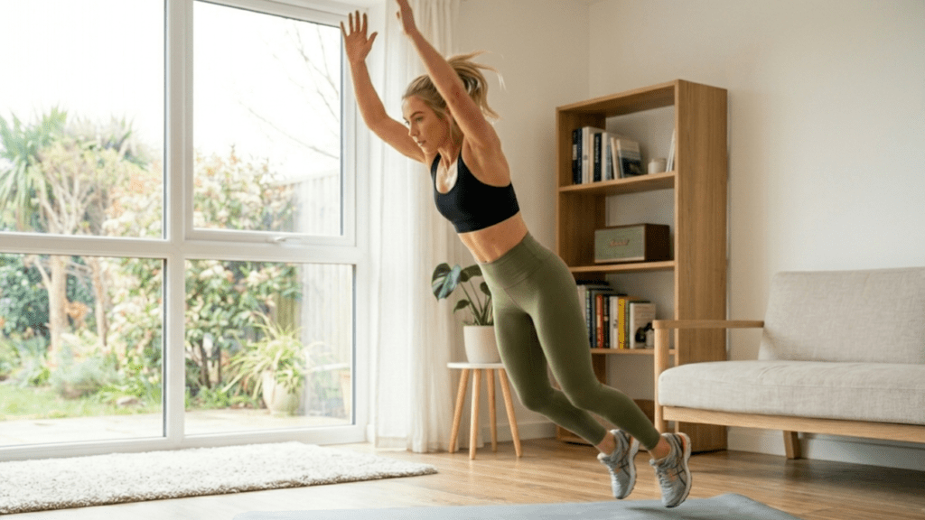 Performing burpees as part of a full body home workout routine