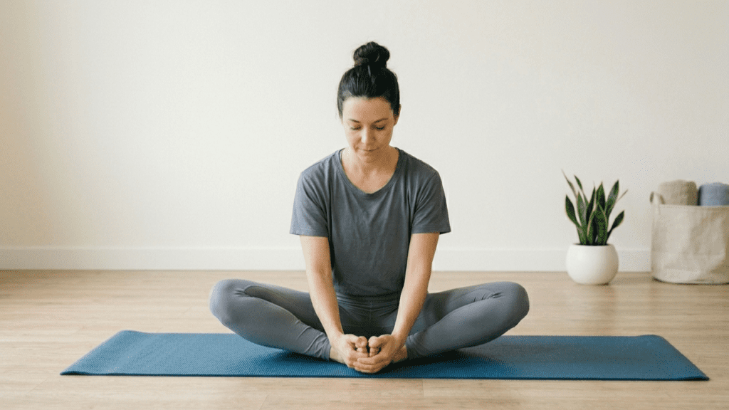 Person performing butterfly stretch on yoga mat