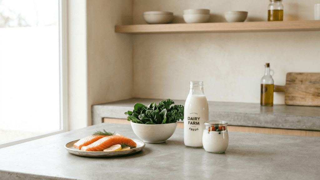 assortment of calcium-rich foods indoors highlighting foods for strong bones