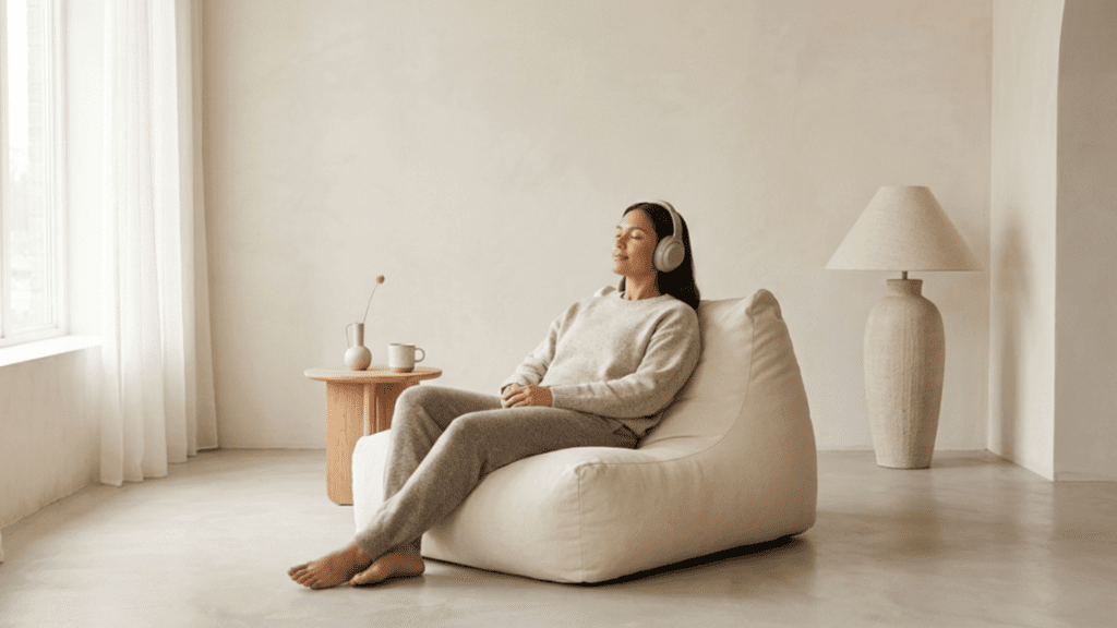 person listening to music indoors representing relaxation techniques for anxiety