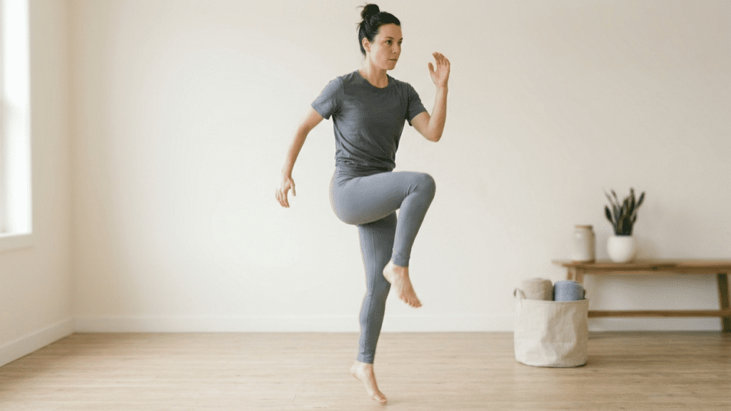 Person performing high knees cardio exercise indoors