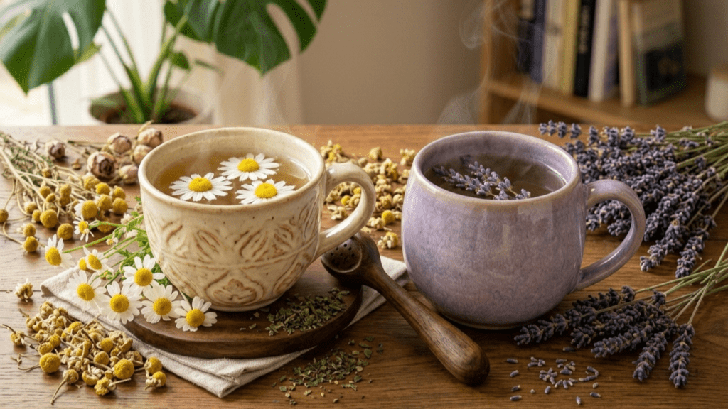 Chamomile and lavender herbal teas for natural stress relief