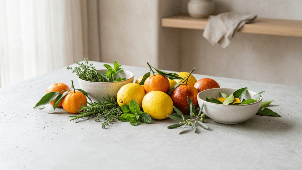 citrus fruits and greens indoors highlighting foods that improve circulation