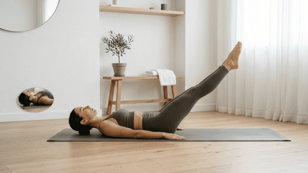 person doing leg raises indoors demonstrating quick core workouts at home