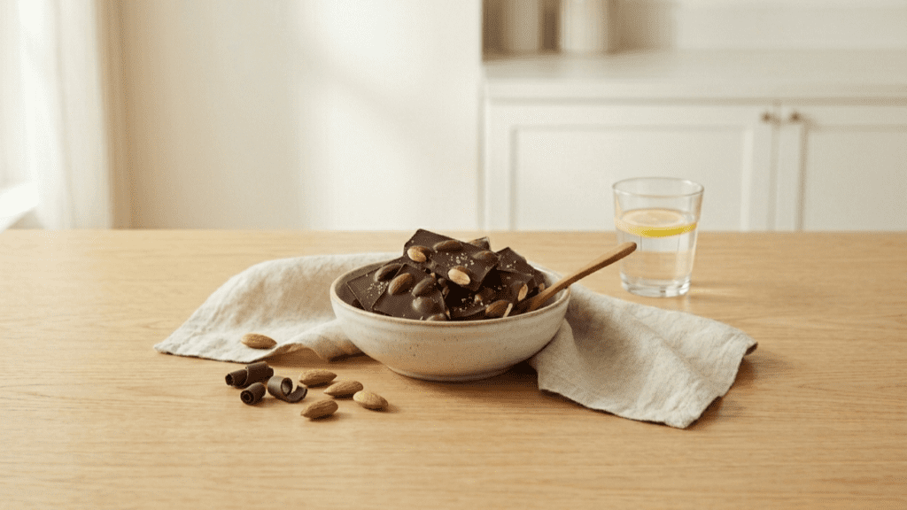 Dark chocolate and almonds representing balanced energy snack