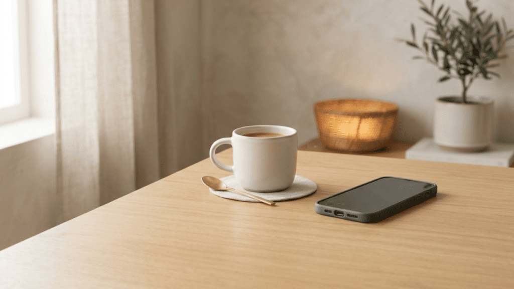 phone placed aside indoors representing morning mindfulness routine without distractions