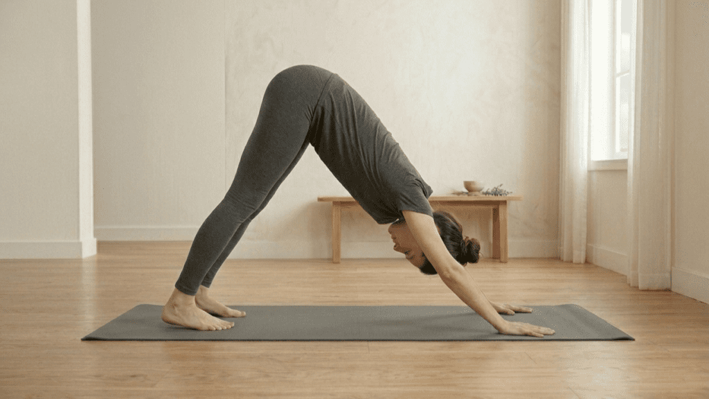 Person performing downward facing dog yoga pose indoors