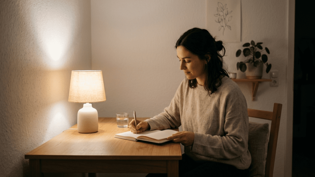 person journaling indoors representing mindfulness habits for daily calm