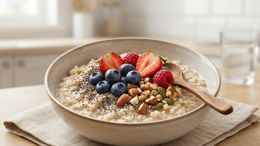 Healthy fiber-rich breakfast with oats berries and seeds supporting gut health