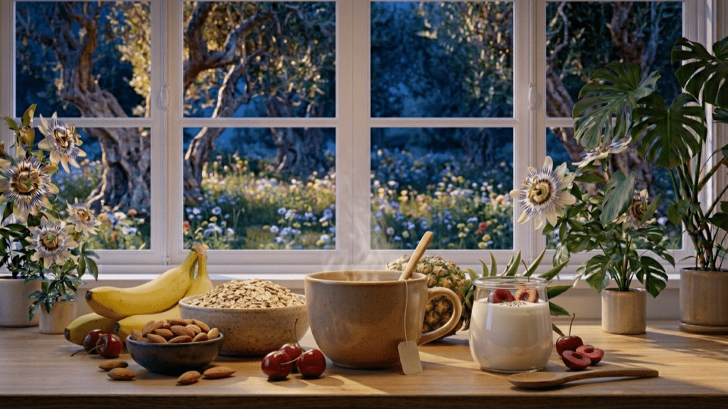 foods for better sleep including bananas, almonds, oats, cherries, yogurt, and herbal tea on a kitchen table