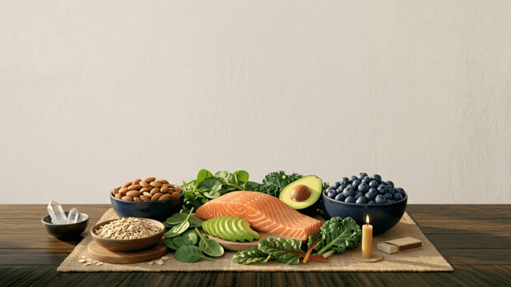 foods for heart health including salmon avocado berries nuts and leafy greens