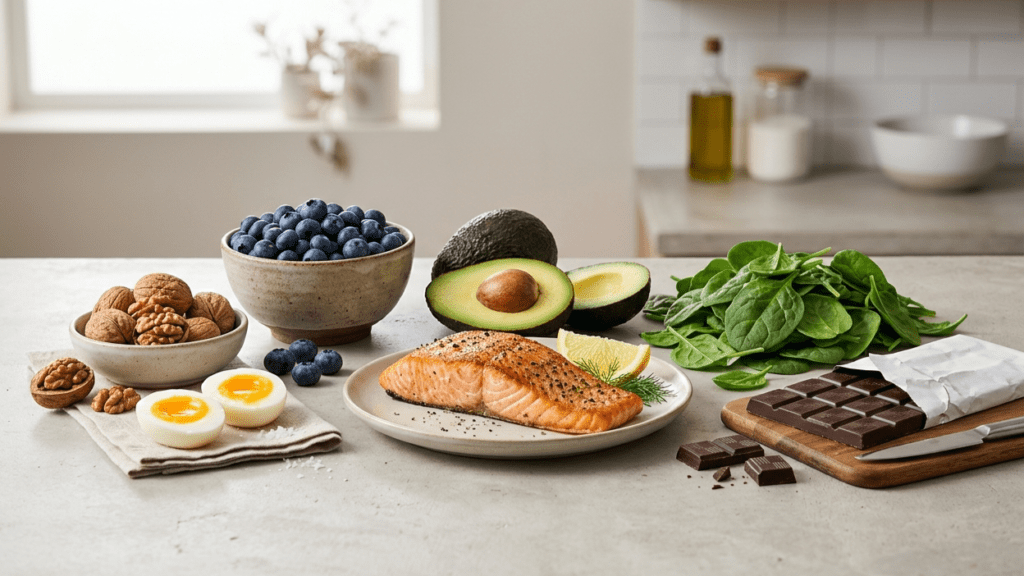Foods to boost brain power including blueberries, walnuts, salmon, and dark chocolate arranged on a kitchen counter