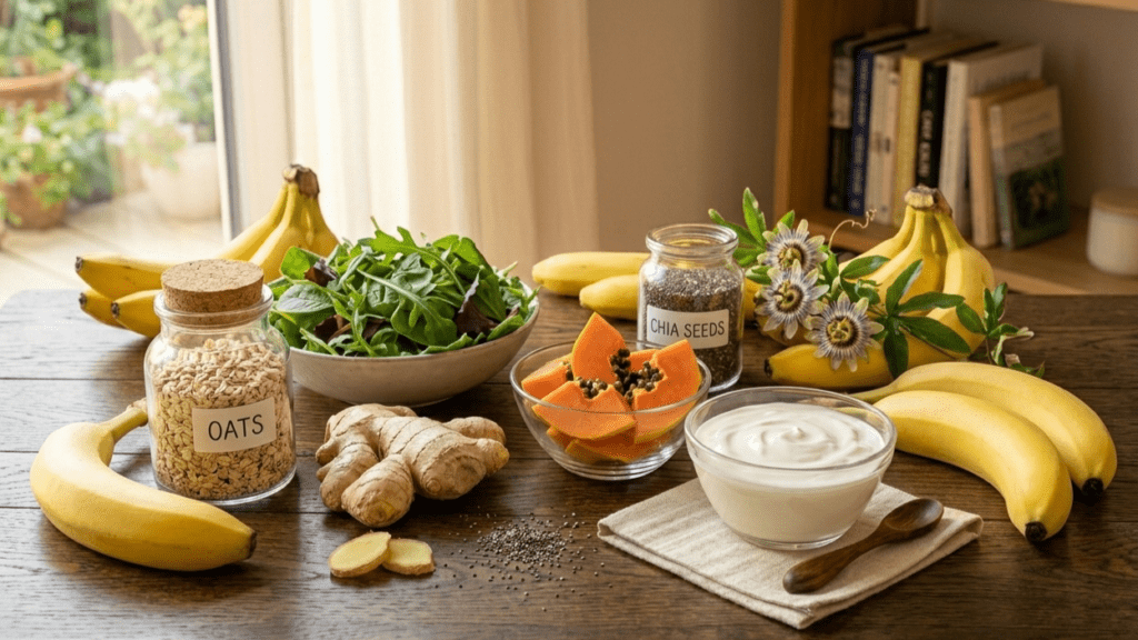 Foods to improve digestion including yogurt, papaya, ginger, oats, leafy greens, and chia seeds arranged on a wooden table