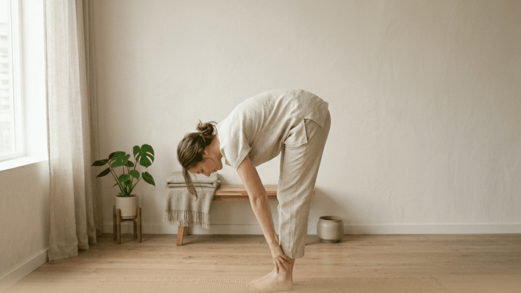 Standing forward bend stretch for stress relief