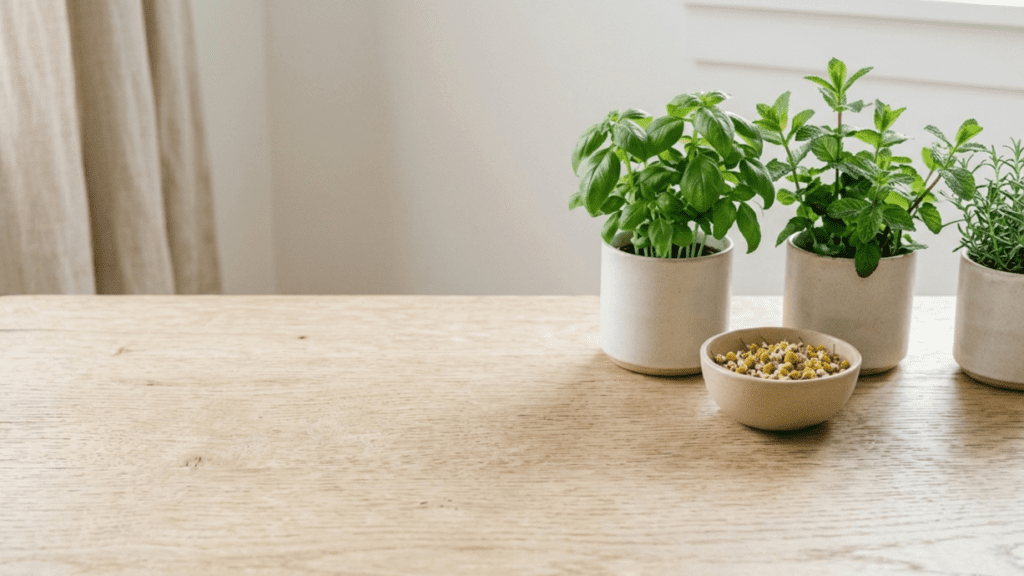 fresh cilantro and herbs arranged indoors highlighting herbs for natural detox