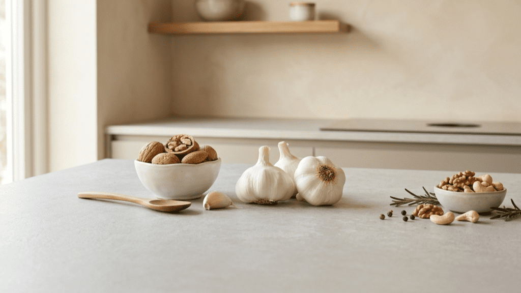 garlic and nuts indoors representing foods that improve circulation