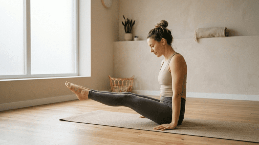 person doing seated exercise indoors demonstrating low impact home workouts
