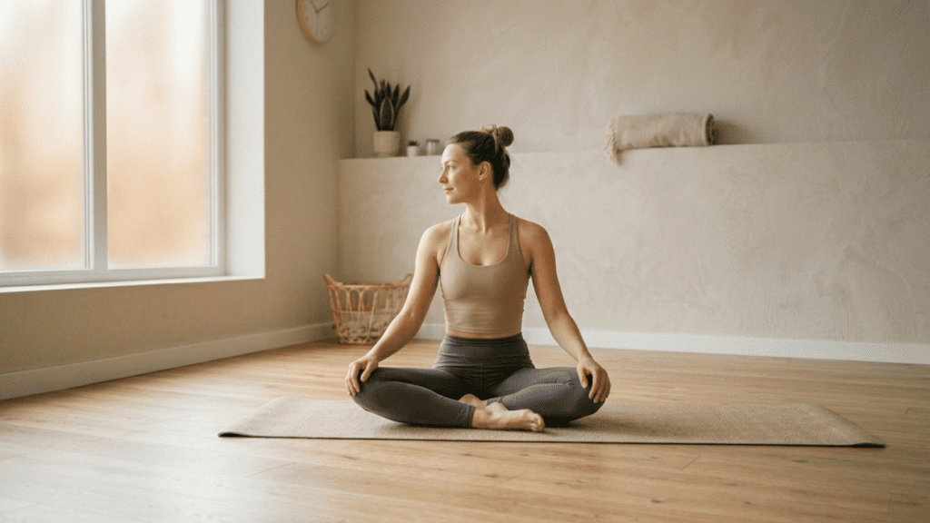 person practicing yoga indoors representing low impact home workouts