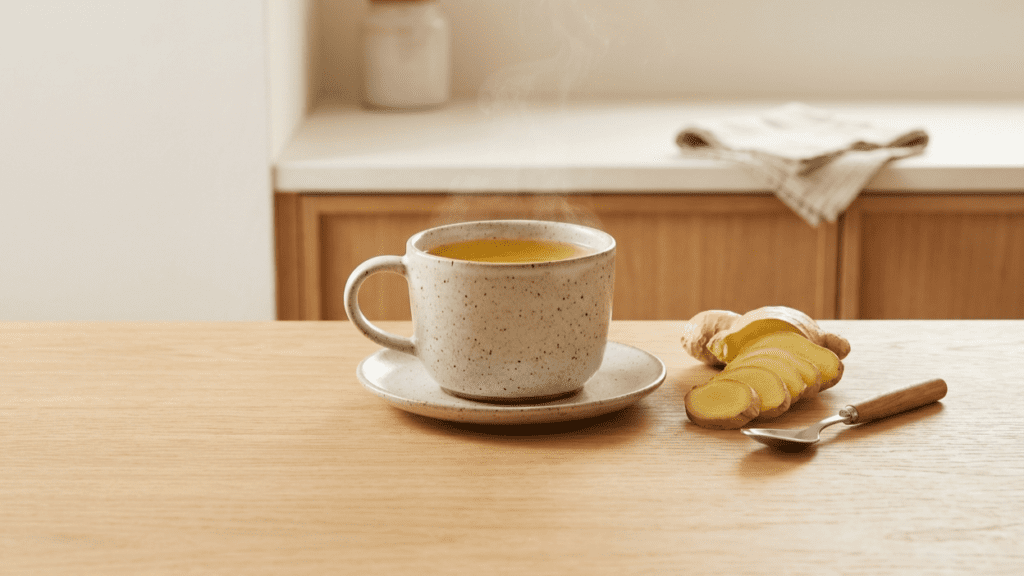 Cup of warm ginger tea representing soothing herbal drink