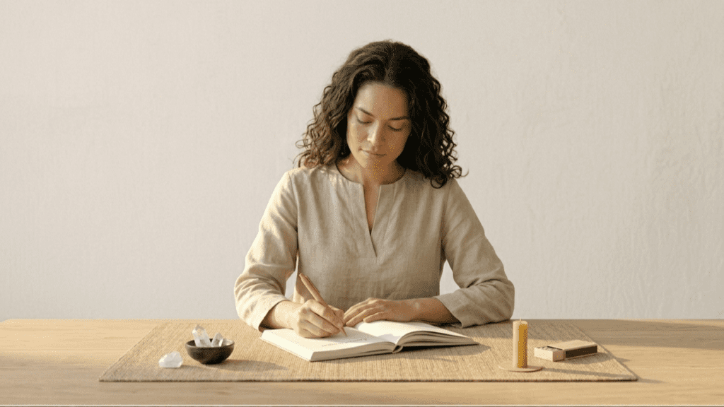 person writing gratitude journal as mindfulness stress relief practice