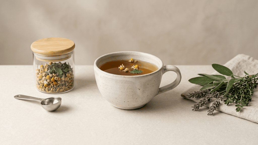 cup of green tea indoors representing herbal remedies for fatigue