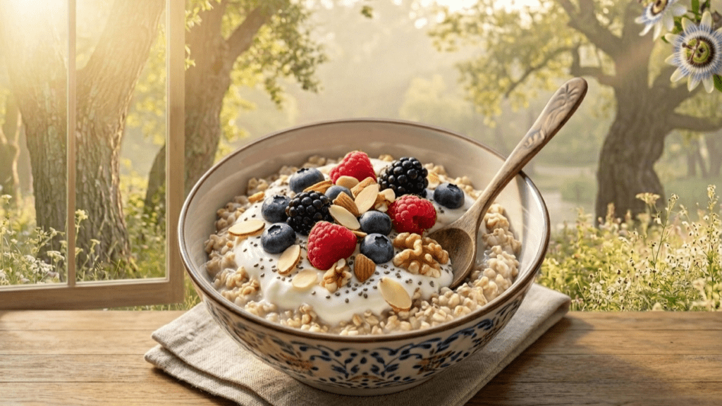 Balanced breakfast with oats, berries, yogurt, and nuts for natural energy