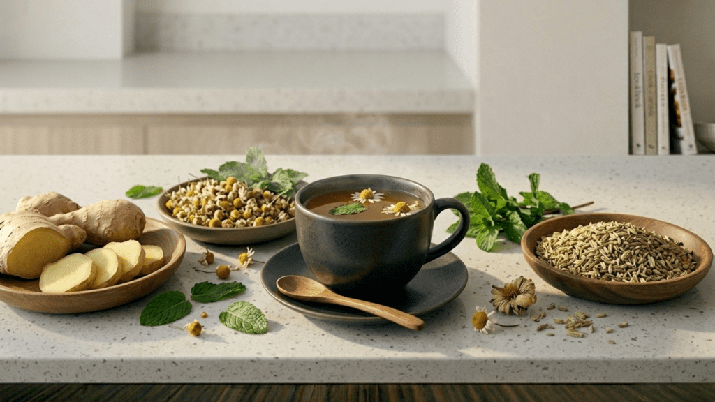 Herbal remedies for digestion including ginger tea, peppermint leaves, and fennel seeds on a minimal kitchen counter