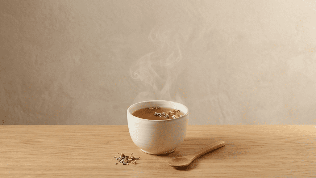 cup of herbal tea indoors highlighting herbs for better sleep